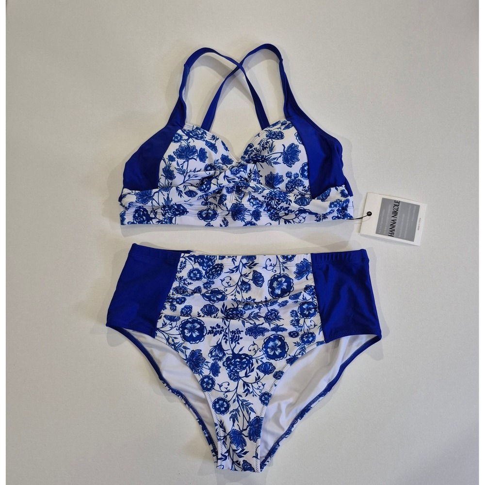 Hanna Nikole Blue White Floral High Waisted Bikini Set Swimsuit NWT